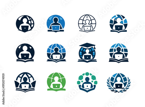 Online Learning Icons. Online learning and e-learning platforms. Icon set. Set Logo of Online learning and e-learning platforms: global online classroom.