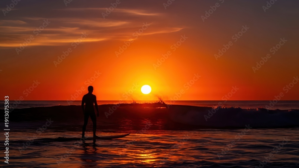 Fototapeta premium Surfer at Sunset Over Ocean Waves: Tranquil Evening Watersport Scene with Vibrant Sky