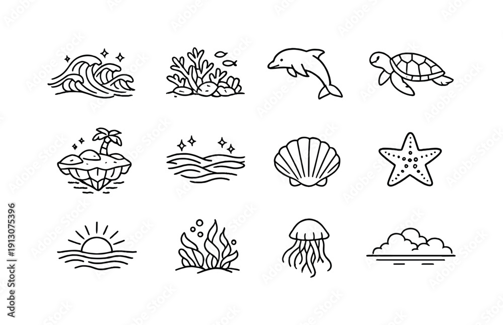 Obraz premium Clean oceans dreamscape. Line outline icon set of Clean oceans dreamscape: crystal waves,