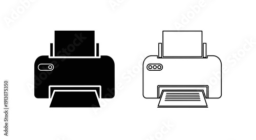 Black and white printer icon set, minimalist printer symbols, simple printer design Vector