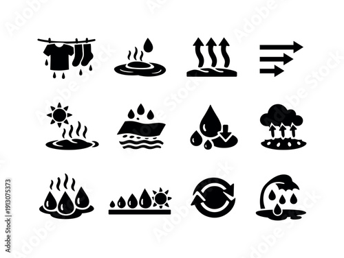 Drying process. Solid icon set of Drying process: wet clothes drying, puddle shrinking, moisture evaporation, airflow arrows, heat assisted