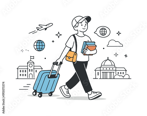Study abroad experience. An international student confidently exploring a new campus with a suitcase and books, feeling curious and