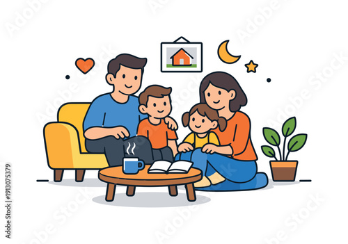 Cozy Family Home. Family lifestyle focused on a cozy home scene with family members gathered around simple furniture, representing comfort, belonging, and