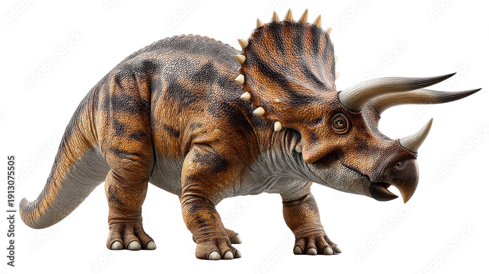 Fototapeta premium Triceratops in Detailed View: A realistic depiction of the mighty triceratops, with its iconic frill, sharp horns, and textured skin, embodies the prehistoric era.