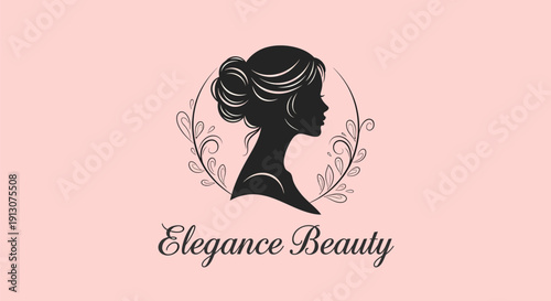 Elegant woman silhouette with floral frame for beauty brand.