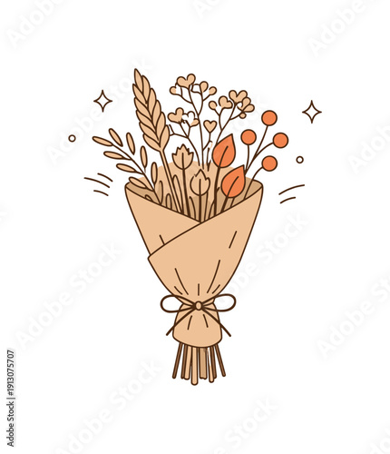 Dried flowers bundle. A vertical bundle of dried flowers wrapped in paper and tied at the stem, centered with plenty of airy space. The