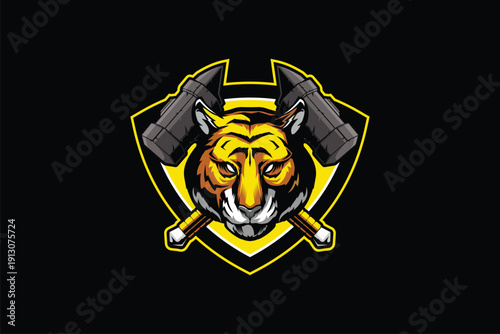 Tiger head with cross mallet Badge shield logo vector image template