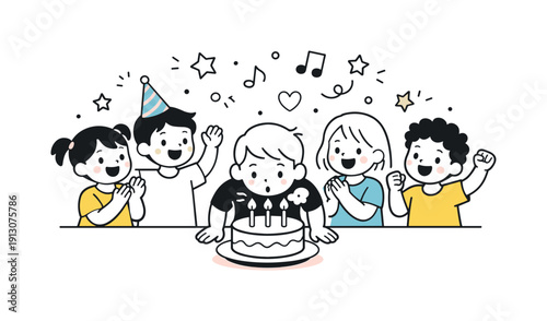 Kids birthday party. Group of children cheering as one child blows out birthday candles. Friendly excitement shown through simple gestures