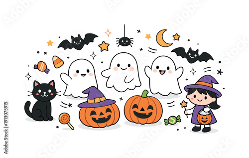 Whimsical Halloween Celebration. Playful spooky decor. Cute ghosts, bats, and pumpkins arranged neatly with smiling characters nearby, friendly and non-scary