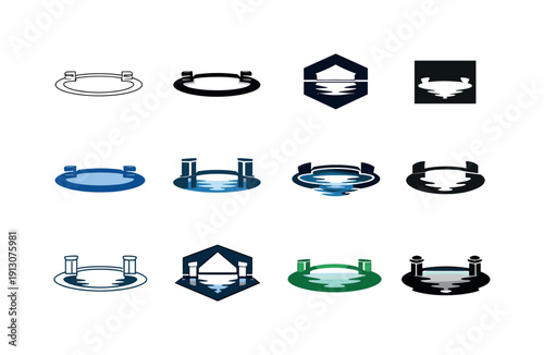 reflecting pool with deep water. Icon set. Set Logo of reflecting pool with deep water: still water mirror basin. harmonious logo variations