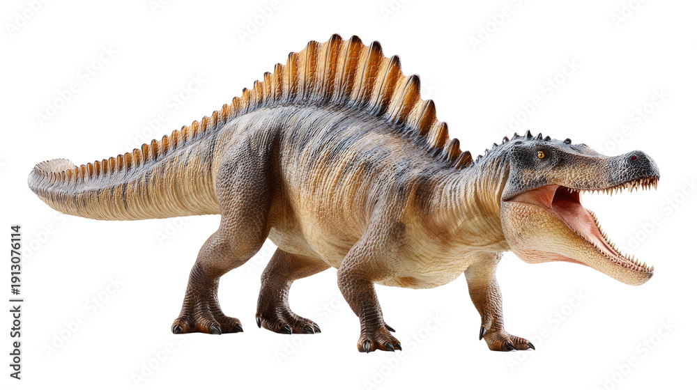 Fototapeta premium Majestic Spinosaurus: A formidable Spinosaurus, with its distinctive sail, roams the prehistoric landscape, its jaws agape.