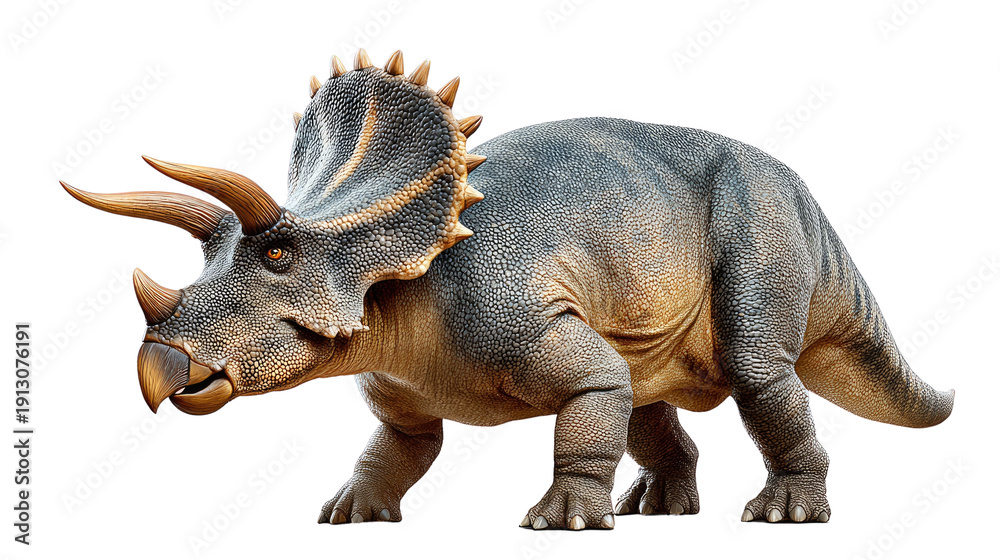 Fototapeta premium Prehistoric Triceratops: A detailed depiction of a Triceratops, showcasing its formidable frill and horns, a majestic symbol of the prehistoric era.