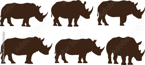 Rhinoceros silhouette collection in side view poses isolated on white background, bold African safari wildlife vector set for branding, logo and design