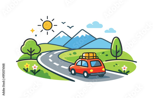Spring road trip scenic drive with a small car moving along a winding road lined with fresh greenery and soft sunshine, conveying freedom,