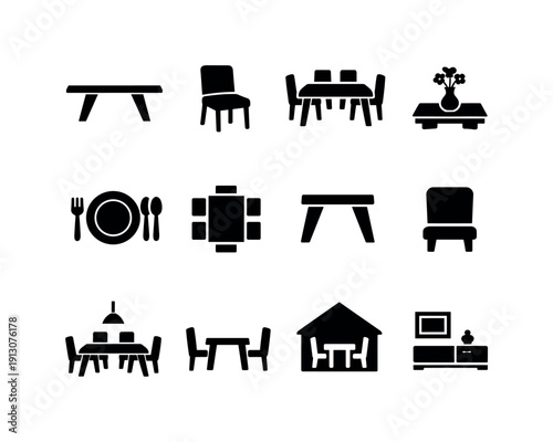 a set of elegant dining chairs around a modern table. Solid icon set of a set of elegant dining chairs around a modern table: modern dining