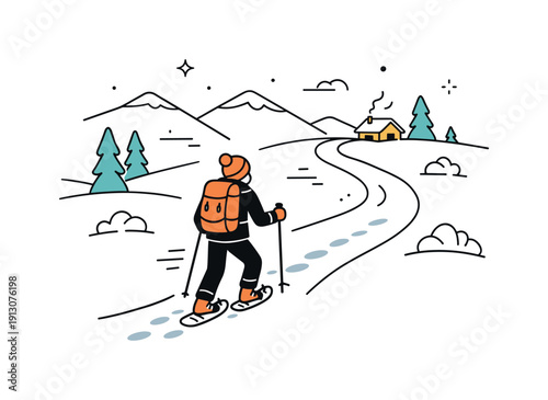 Snowshoeing in a winter wonderland. A gentle uphill snowshoe trail winding through a snowy landscape, with a person moving steadily forward.