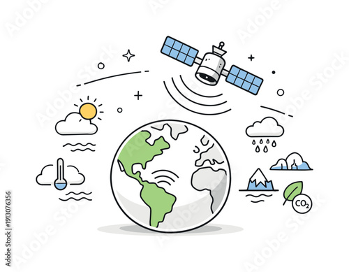 Satellite climate monitoring. A satellite orbiting Earth, collecting environmental data with calm signals and lines. Global perspective,