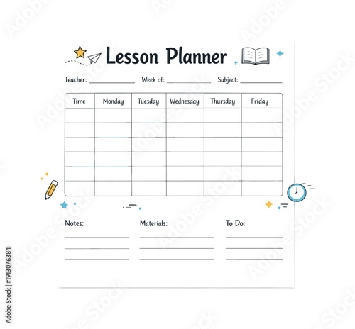 Printable lesson planner page. Empty timetable blocks and headings on a single sheet, ready to be filled in. Simple and practical design with