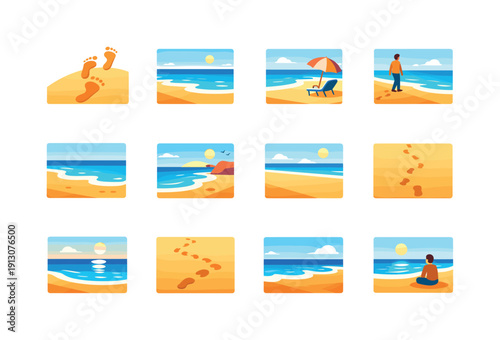 Beach solitude. Colorful flat vector icons set of beach solitude: lone footprints, empty shoreline, quiet beach scene, solitary walk,