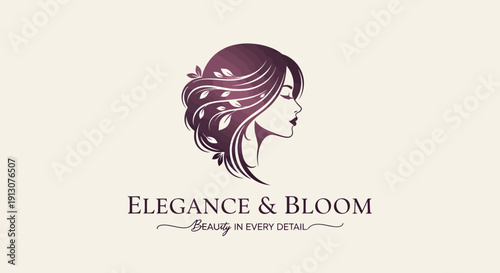 Elegant womans profile with flowing hair and floral accents.