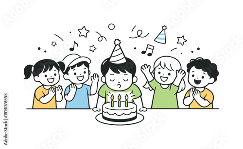 Kids birthday party. Group of children cheering as one child blows out birthday candles. Friendly excitement shown through simple gestures
