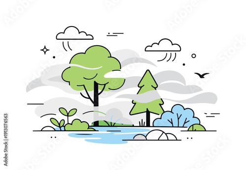 Air pollution. A calm environmental scene with plants and trees partially covered by light smog, symbolizing nature under pressure. Gentle