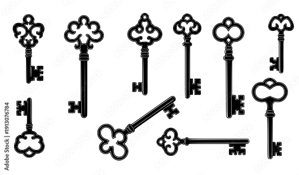 Fototapeta premium Antique filigree key vector set with vintage decorative emblems