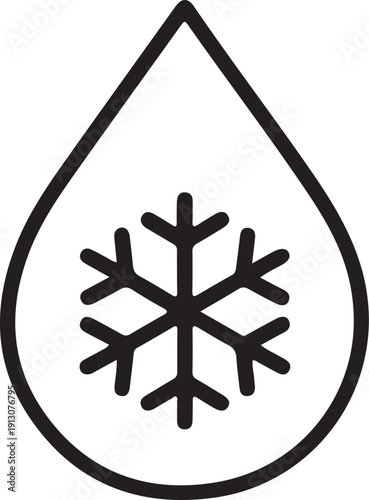 Water Drop with Snowflake Cooling Icon, Minimal black outline water droplet with snowflake symbol inside, representing cold water, cooling systems, refrigeration, and winter temperature concepts.

