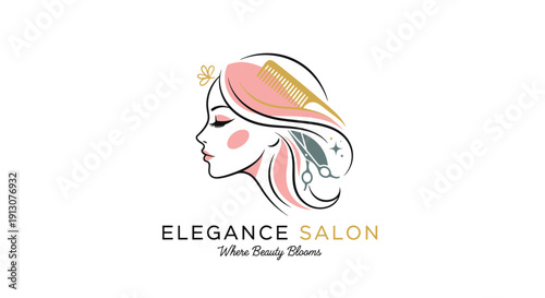 Elegant Womans Profile with Hairbrush Logo for Beauty Salon.