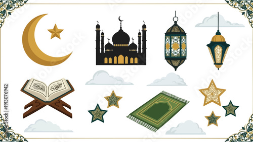 Flat lay of Islamic Ramadan symbols including a mosque, Quran, lanterns, stars, and crescent moon on a white background with clouds.