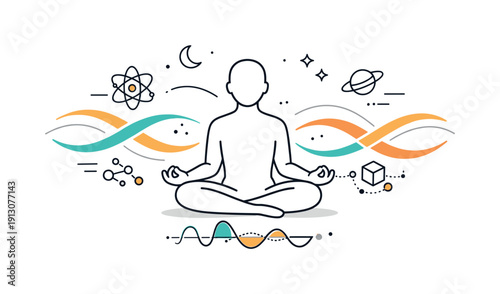 Meditative Quantum Balance. Spirituality and quantum physics. Abstract human figure meditating while geometric waves and particles flow around, suggesting