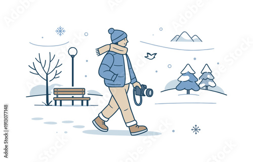    Weekend winter photo walk. A relaxed scene of someone strolling through a park or quiet street with a camera and warm clothing. Personal