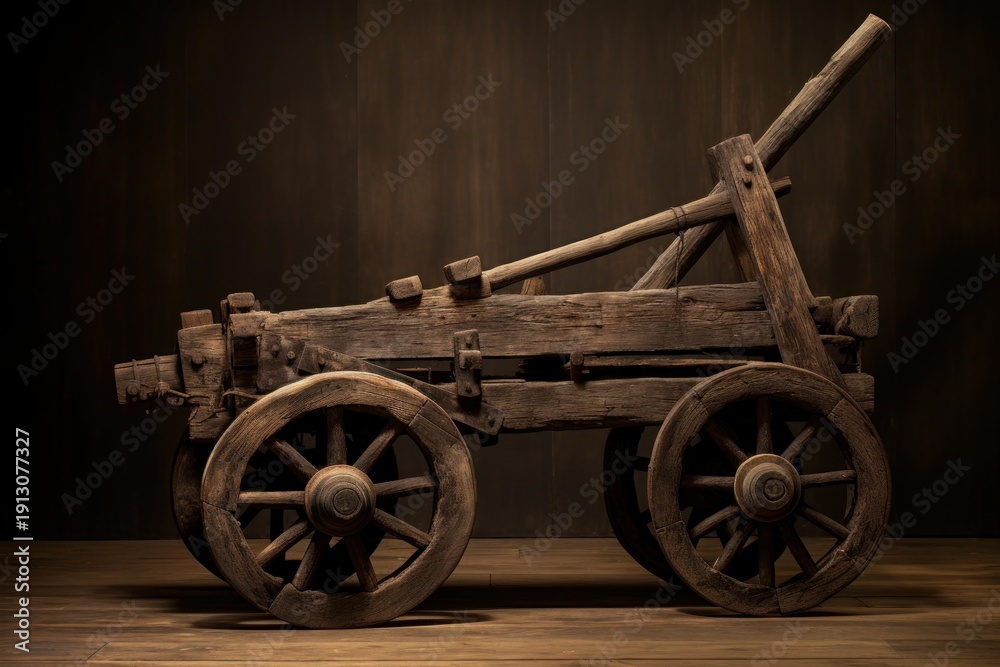 Fototapeta premium Wooden model of a historical war machine on wheels, a renaissance invention