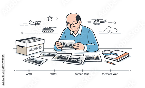 Historical photography of major global conflicts. Archivist carefully examining vintage war photographs laid out on a table, reflecting on