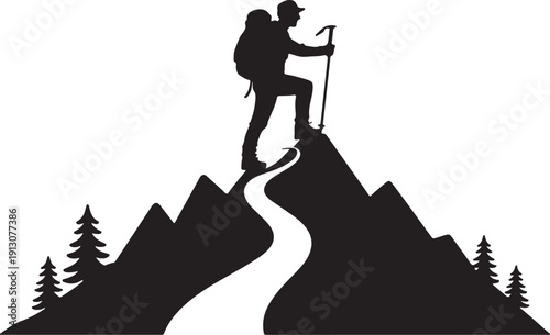 Black silhouette climber on mountain peak, person hiking with stick and backpack on transparent background