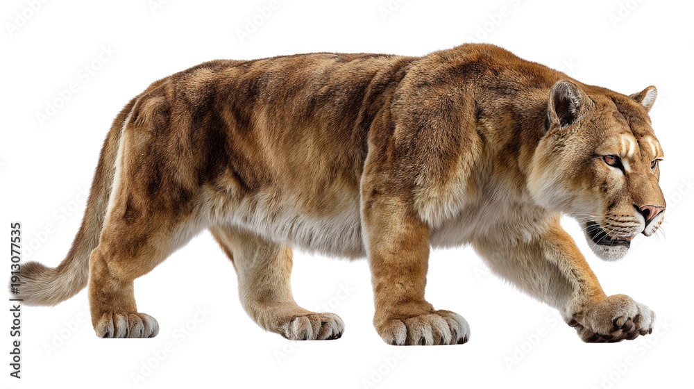 Obraz premium Ancient Saber-Toothed Predator: A majestic saber-toothed cat strides confidently across a prehistoric landscape, its formidable fangs and muscular build showcasing its dominance.
