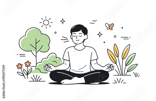Healing through nature. A calm person sitting among plants and trees, breathing deeply and reconnecting with natural surroundings in a quiet,