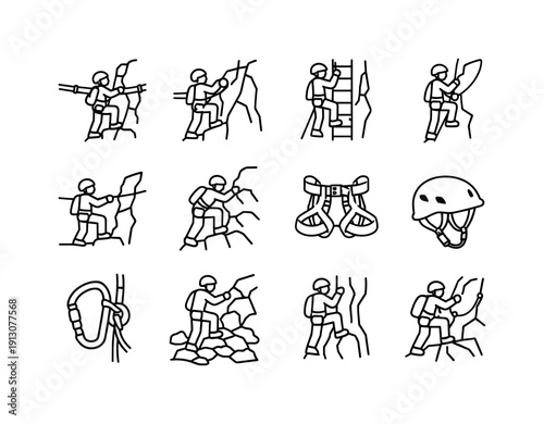 Extreme Hiking Icons. Technical Extreme Hiking. Line icon set of Technical Extreme Hiking: via ferrata route, fixed cable trail, ladder climb hiking,