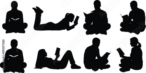 Collection of People Reading Books Silhouettes Featuring Men and Women Sitting and Lying Down for Education Literacy Library Study and Relaxing Hobby Graphic Design Concepts