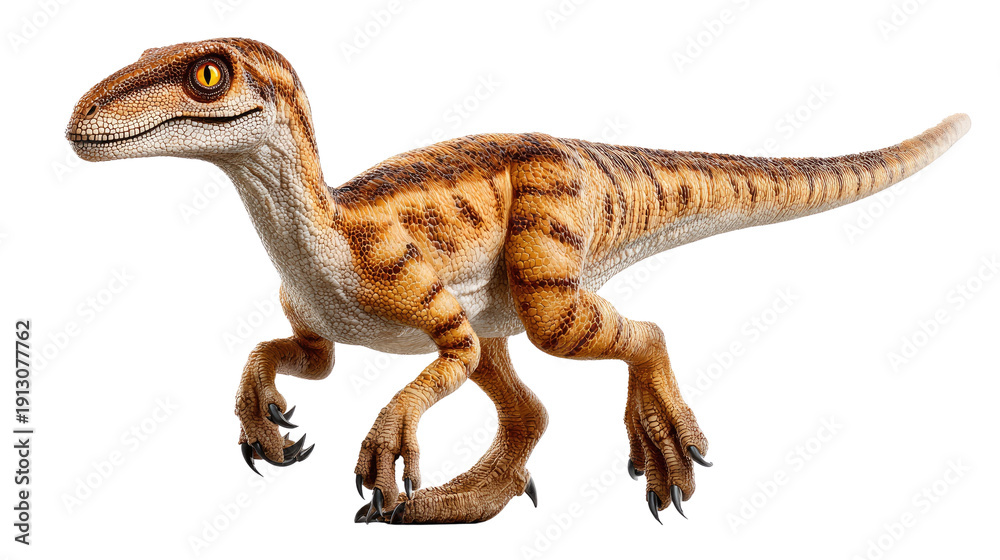 Naklejka premium Velociraptor in Motion: A lifelike velociraptor, rendered with detailed scales and expressive eyes, strides confidently, embodying the raw power and agility of the prehistoric era.