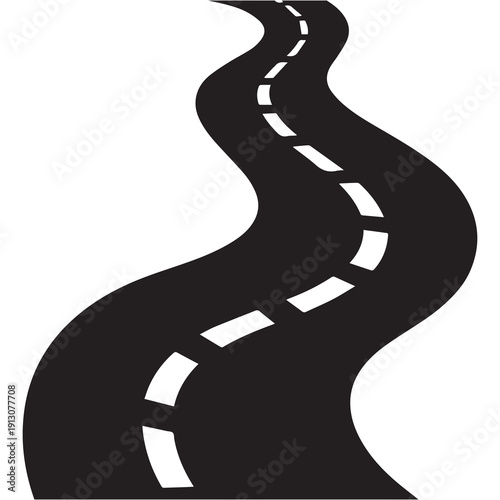 Winding road curves gracefully through a minimalist landscape with bold black asphalt and crisp white lines evoking a sense of journey and motion