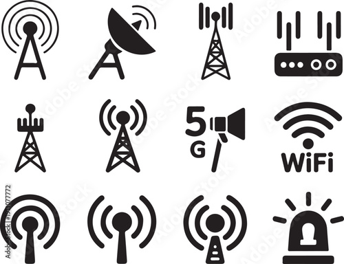 Set of communication technology icons, antennas, signals, and transmitters
