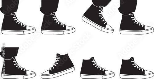 Set of isolated cartoon high top sneakers in different poses, flat vector illustration
