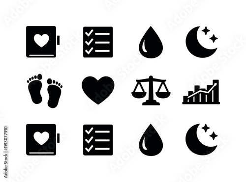   Wellness tracking notebook. Filled icon set of Wellness tracking notebook: notebook cover,
