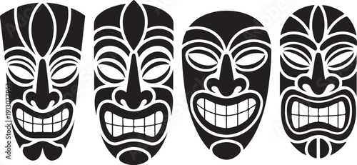 Four tiki masks, tribal, polynesian, cultural, primitive, wood carved, black and white, isolated vector art