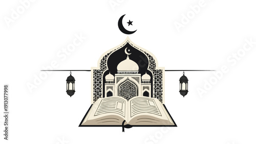 Illustration of an open book with a mosque archway and lanterns on a white background with a crescent moon and star.