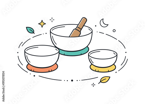Harmonious Tibetan Bowls. Tibetan sound bowls. Three singing bowls of varying sizes placed in a balanced circle, suggesting harmony and energy flow. Calm