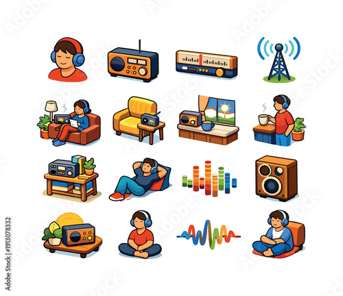 Listening to radio. Colorful isometric vector icons set of Listening to radio: person with headphones, tabletop radio device, tuning radio