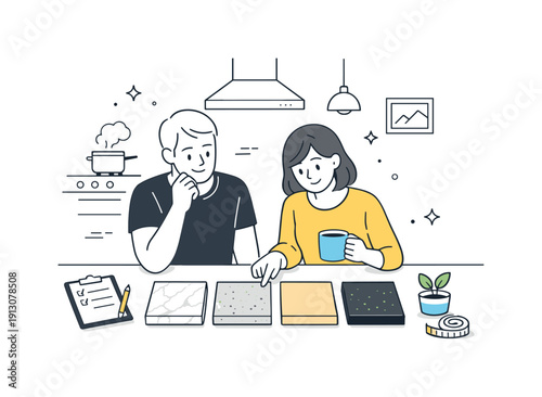 Replacing old kitchen countertops. Homeowners reviewing samples of new countertop materials laid out on the kitchen surface. Calm