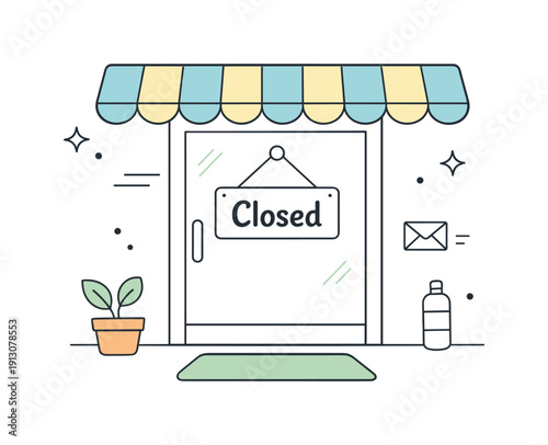 Closed store sign. A shop entrance with a clea